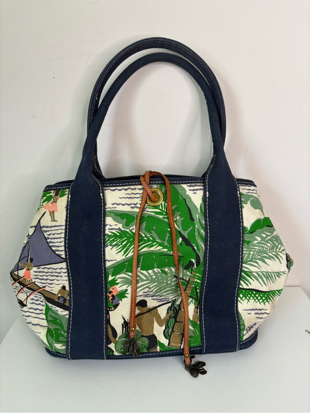 J. Crew Navy & Green Tropical Canvas Handbag purse
